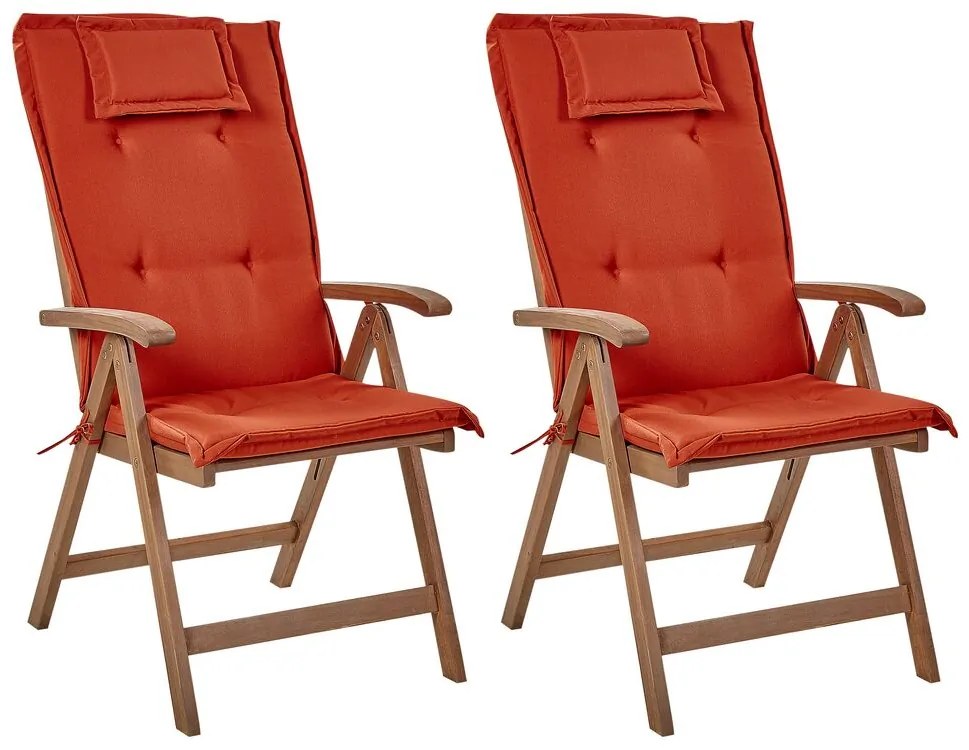 Sada 2 záhradných skladacích stoličiek z tmavého akáciového dreva s červenými vankúšmi AMANTEA Beliani