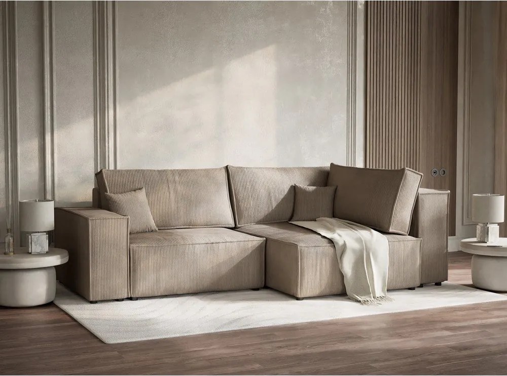 Béžová menčestrová rozkladacia/s úložným priestorom rohová pohovka (pravý roh/do L) Tonga – Maison de Rêve