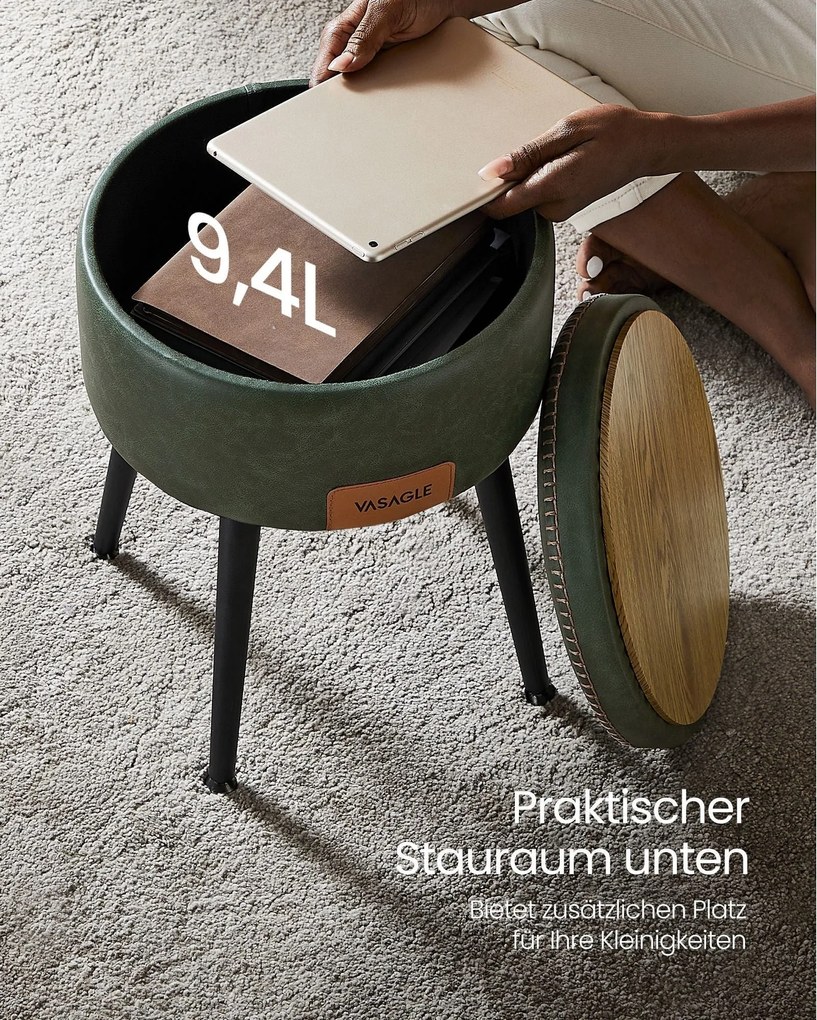 EKHO taburetka, odkladací stolík s úložným priestorom, syntetická koža, zelená