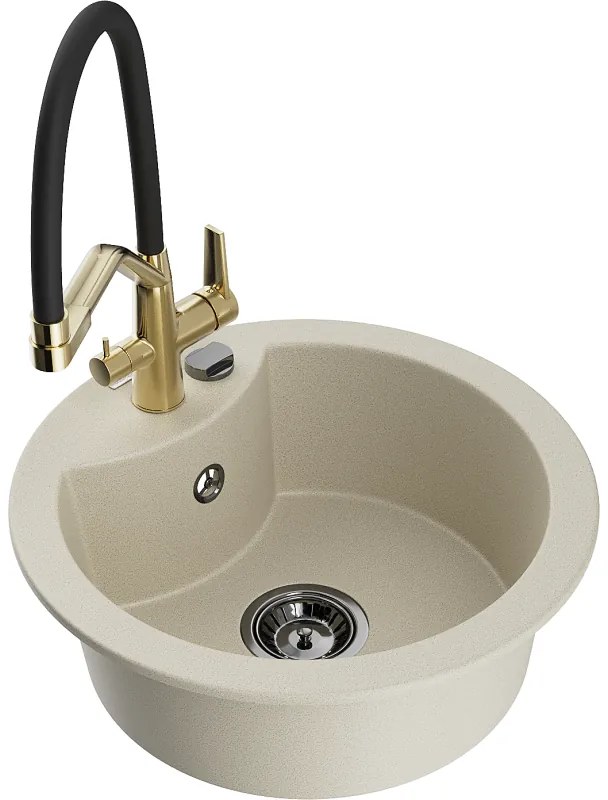 Mexen Diego, 1-komorový granitový drez 488x488x167 mm a drezová batéria Duo, béžová, 6512-69-671701-57-B