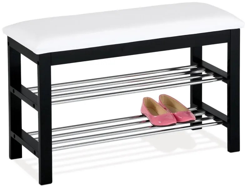 Botník / taburet, 2 police, potah bílá ekokůže, masiv kaučukovník, černý lak