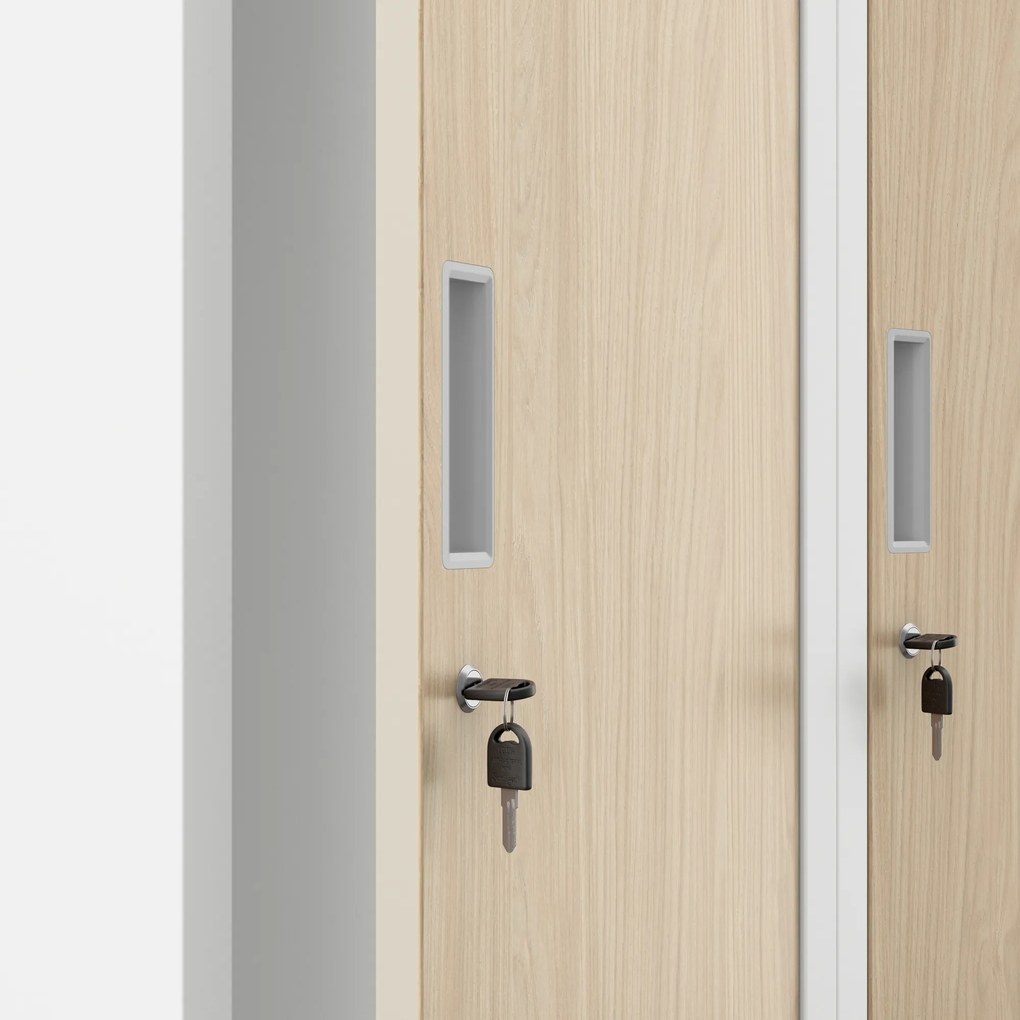 Kovová šatňová štvormodulová skriňa na sokli s policou KACPER, 800 x 1800 x 500 mm, Eco Design: biela/ dub sonoma
