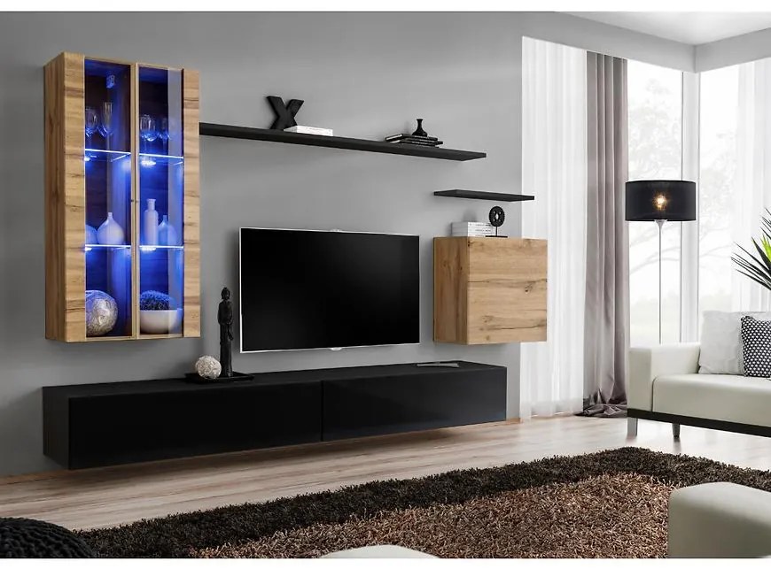 Obývacia stena Switch Sklo +LED XII Wotan/čierna