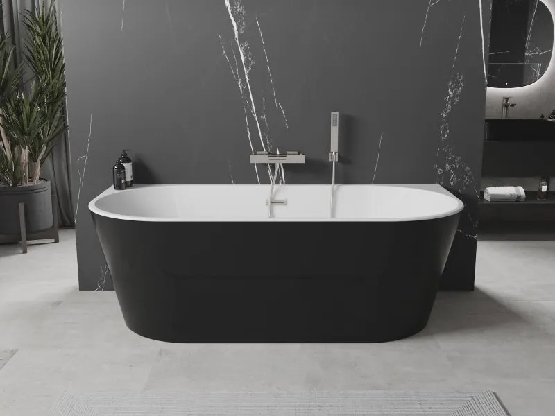 Mexen Oval, voľne stojaca nástenná vaňa 180 x 80 cm, biela-čierna, brúsená oceľ prepad, 52671808075-97