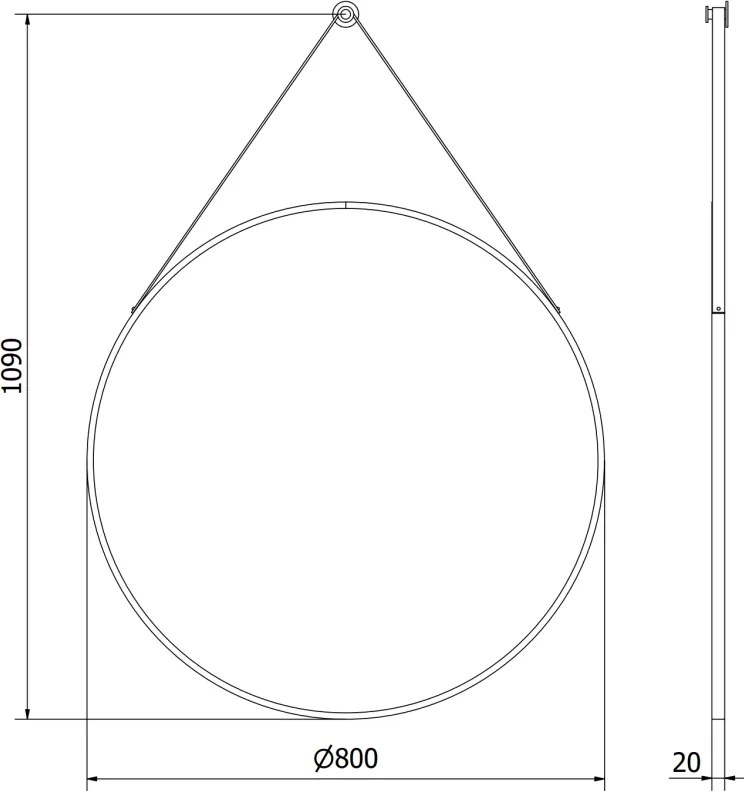 Mexen String, okrúhle kúpeľňové zrkadlo na pásiku 80 cm, farba rámu čierna matná, 9854-080-080-000-70