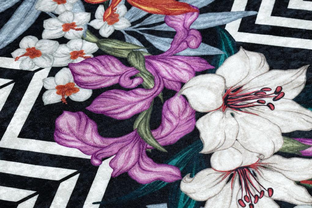 ANDRE 2300 umývací koberec kvety, zigzag vintage protišmykový - čierna / biela Veľkosť: 120x170 cm