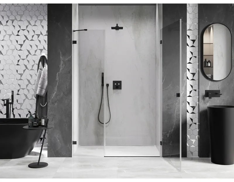 Mexen Lunar-B, pravé otočné sprchové dvere 135 cm, číre sklo, čierny profil, 832S-135-050-70-00-P