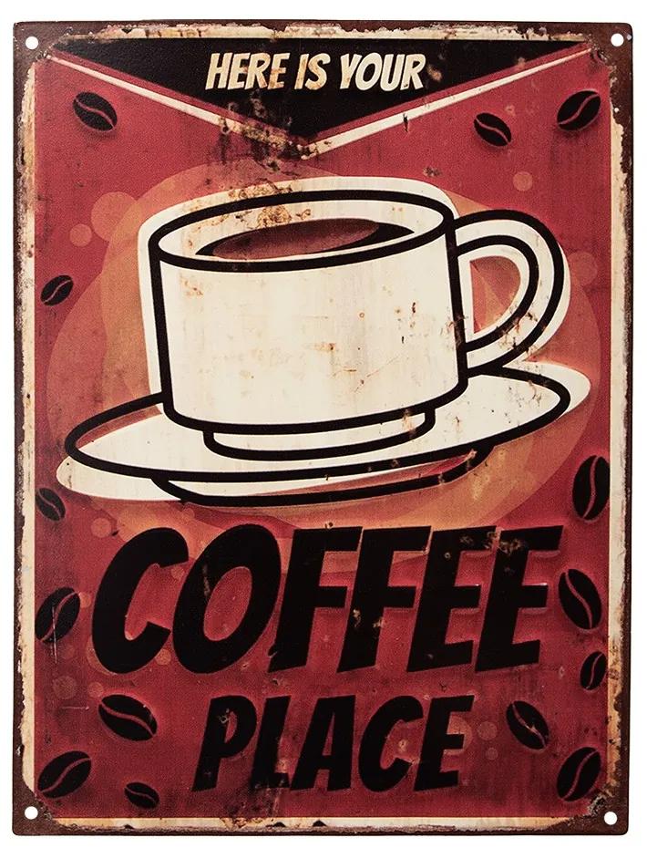Červená antik nástenná kovová ceduľa Coffee Place - 25*1*33 cm