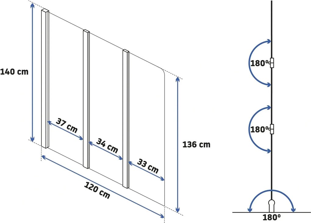 Trojdielna vaňová zástena REA AGAT-3 120 cm, kartáčovaná meď/transparent