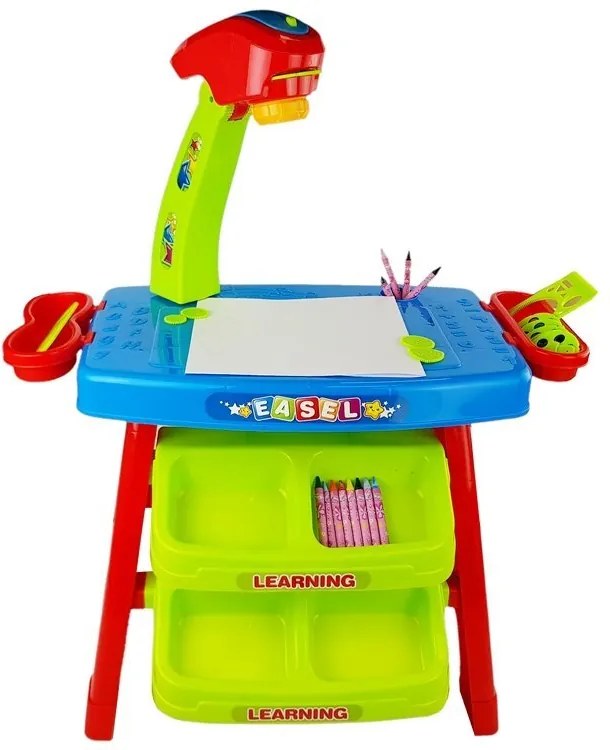 LEAN Toys Zásuvkový vzdelávací stôl s projektorom 36 obrázkov Pastelky Šablóny Modrá červená