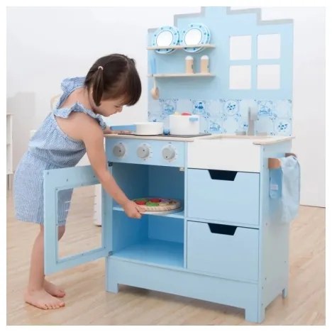 New Classic Toys - Drevená kuchynka s príslušenstvom modrá