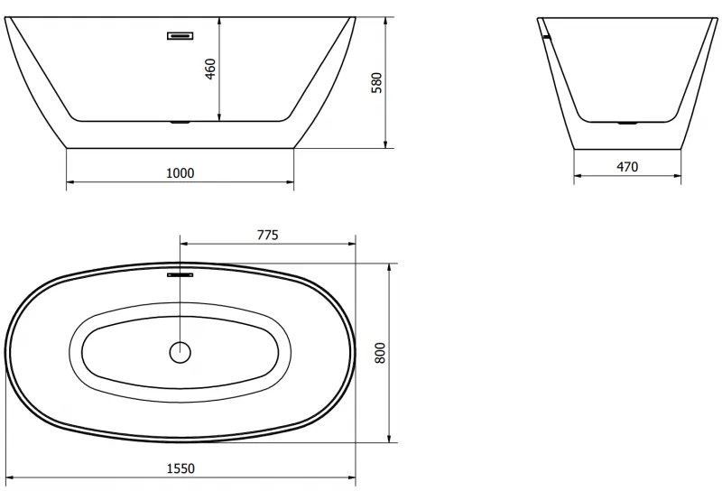 Mexen Eris, voľne stojaca vaňa 155 x 80 cm, biela-čierna, zlatý lesklý prepad, 53441558075-50