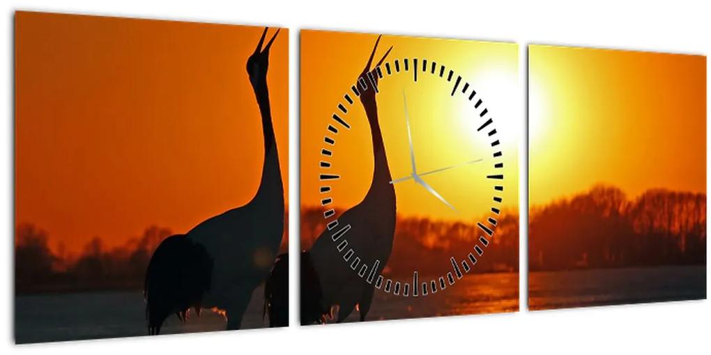 Obraz vtákov pri západe slnka (s hodinami) (90x30 cm)