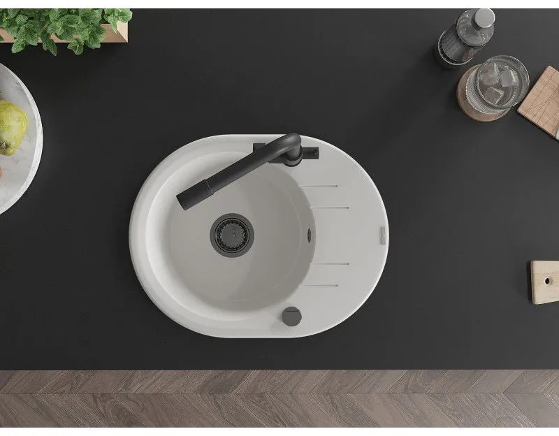 Mexen Kevin, drez granitový 586x458x190 mm, 1-komorový a čierna Duero batéria, biela, 6517-20-671600-70