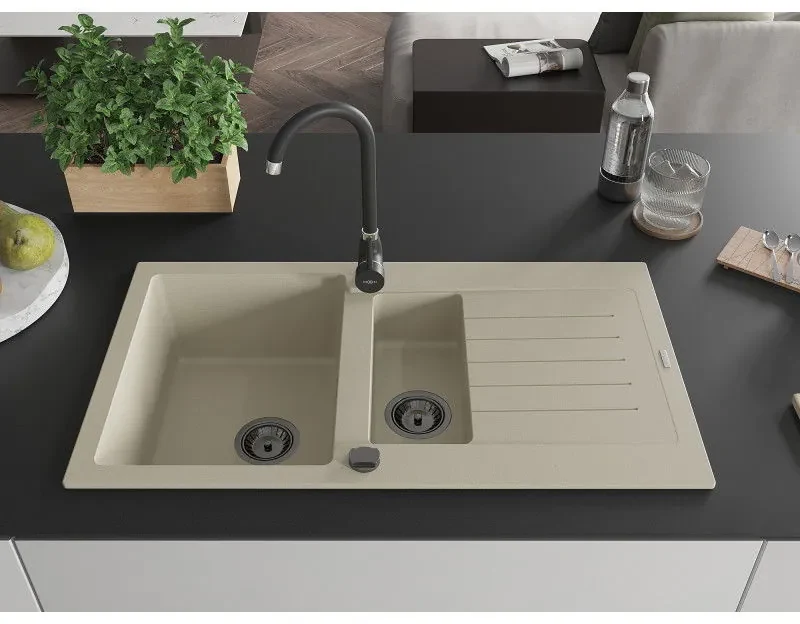 Mexen Matias, granitový drez 900x505x200 mm, 1,5-komorový a čierna batéria Telma, béžová, 6502-69-670200-70