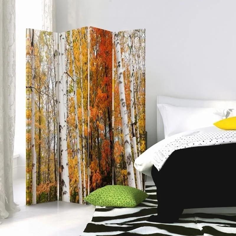 Ozdobný paraván, Březový les na podzim - 145x170 cm, štvordielny, obojstranný paraván 360°