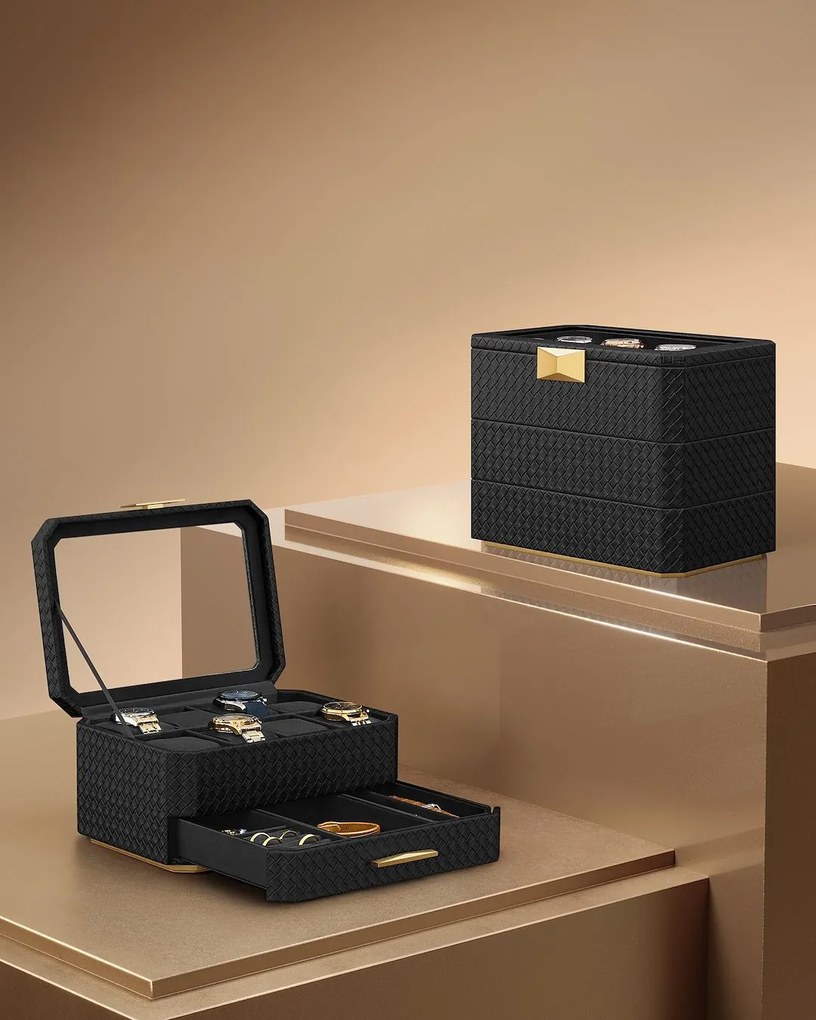 Songmics Box na hodinky Watch, 27,3x14,5x19,5 cm, čierna/zlatá