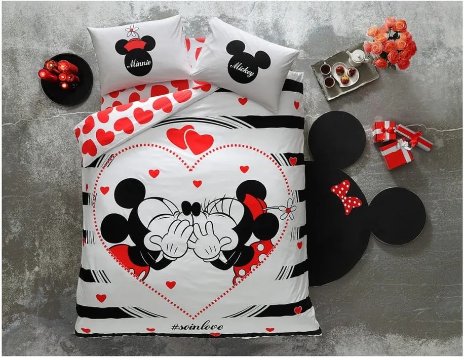 Bavlnené obliečky s plachtou na dvojlôžko Tac Mickey & Minnie Amour, 200 x 220 cm
