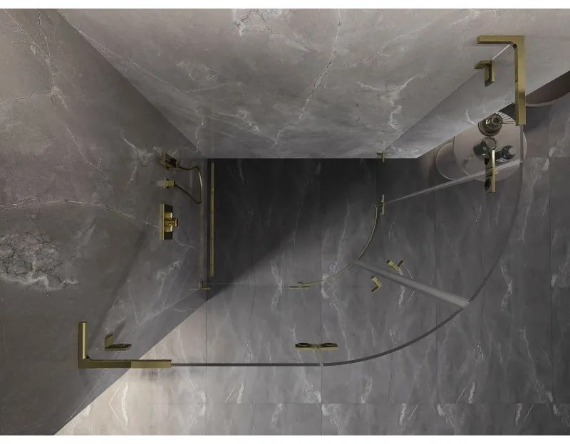 Mexen Lunar, L polkruhový výklopný sprchový kút ľavý 90 x 70 cm, 8mm číre sklo, zlatý profil, 833L-090L-070P-50-00