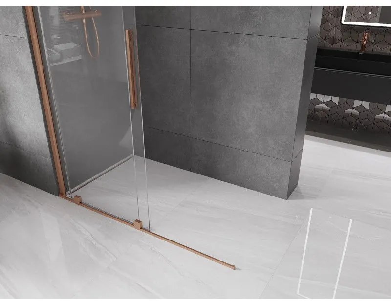 Mexen Velar, posuvné dvere do otvoru typ Walk-In 130 cm, 8mm číre sklo, medená matná, 871-130-000-03-65