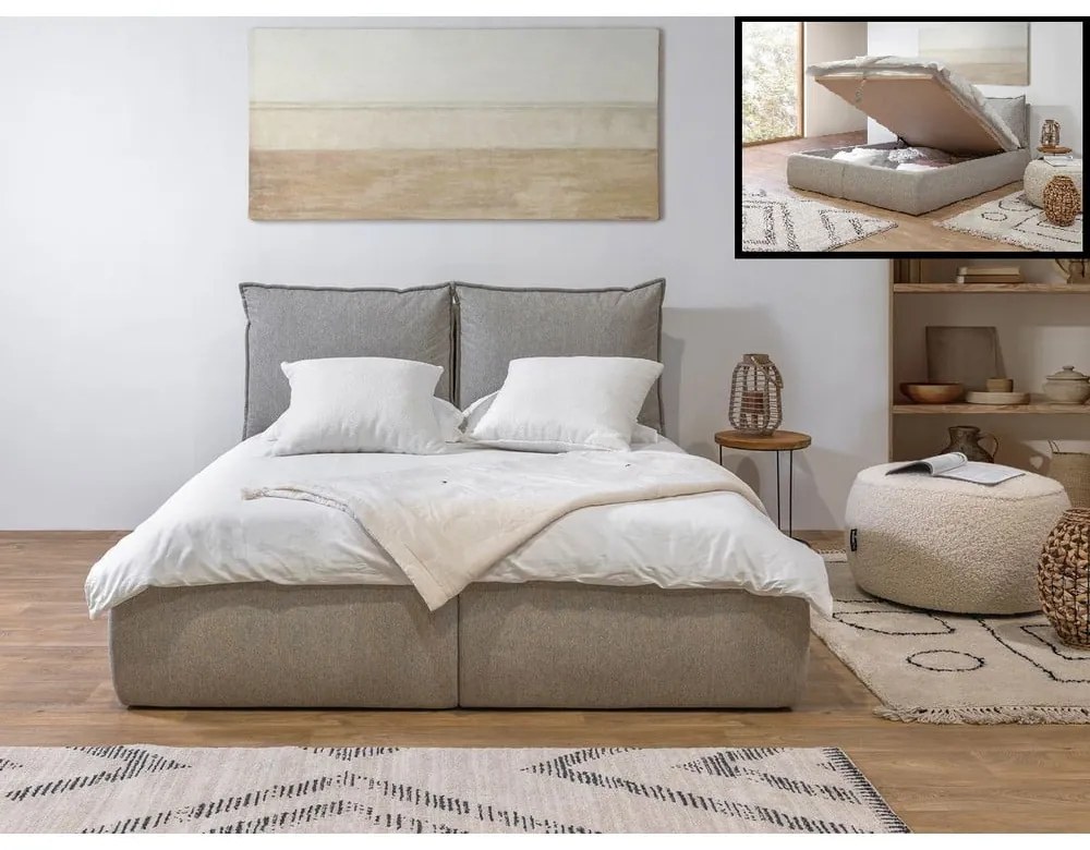 Béžová čalúnená dvojlôžková posteľ s úložným priestorom a roštom 160x200 cm Garancia – Bobochic Paris