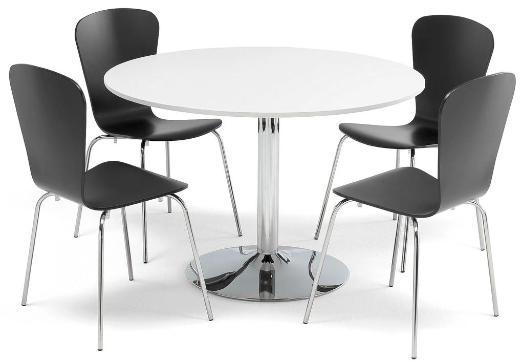 Jedálenská zostava: stôl Ø1100 mm, biely + 4 stoličky, čierna