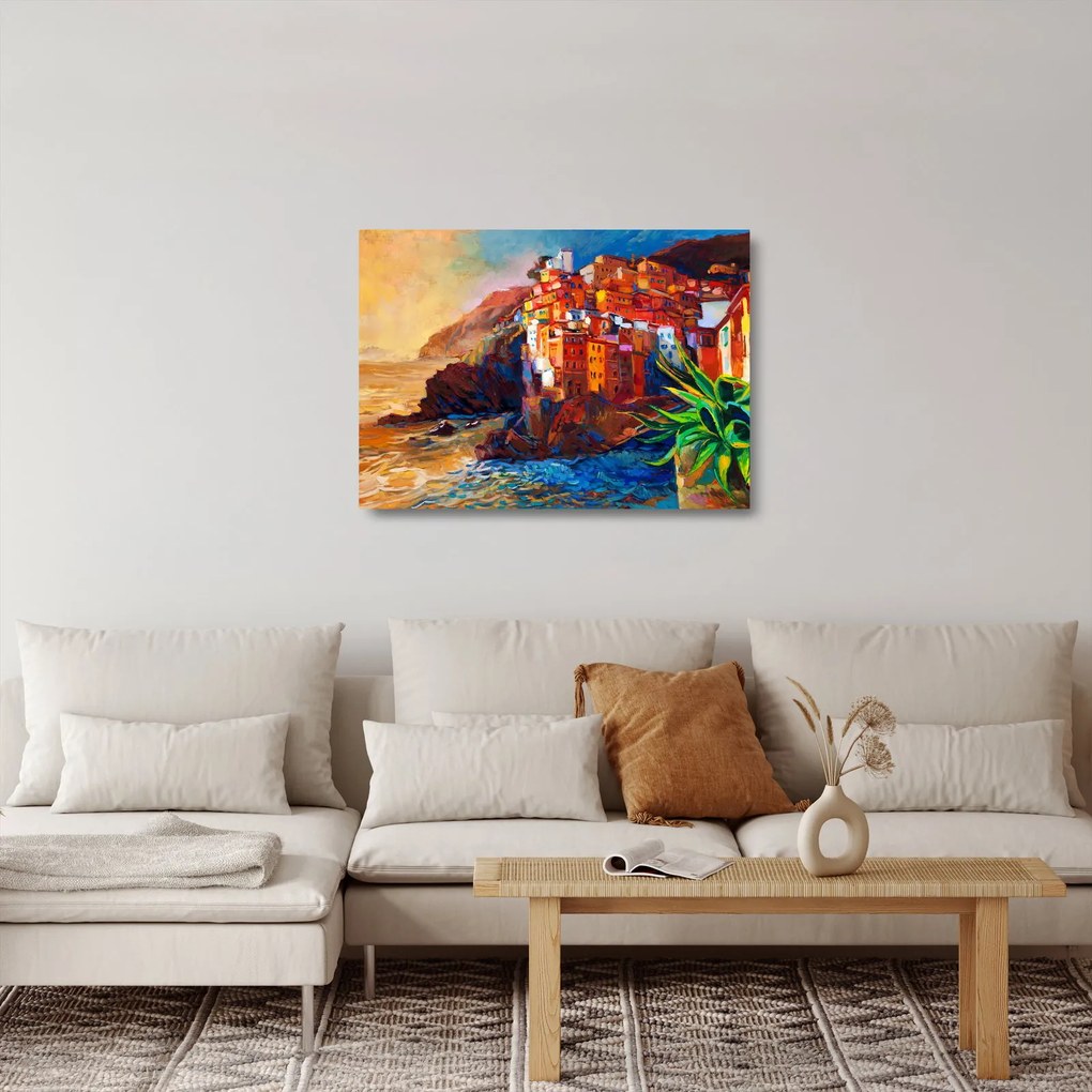 Sklenený obraz - Dedina na pobreží Cinque Terre, Talianska riviéra, moderný impresionizmus (70x50 cm)