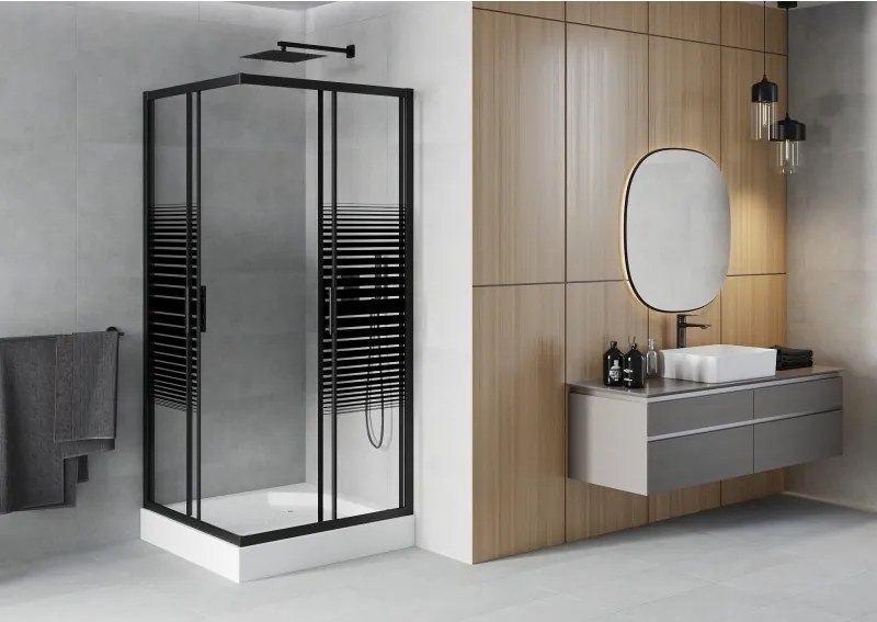 Mexen Rio štvorcová sprchová kabína 90 x 90 cm, čierne pruhy, čierna + sprchová vanička, biela - 860-090-090-70-20-4510