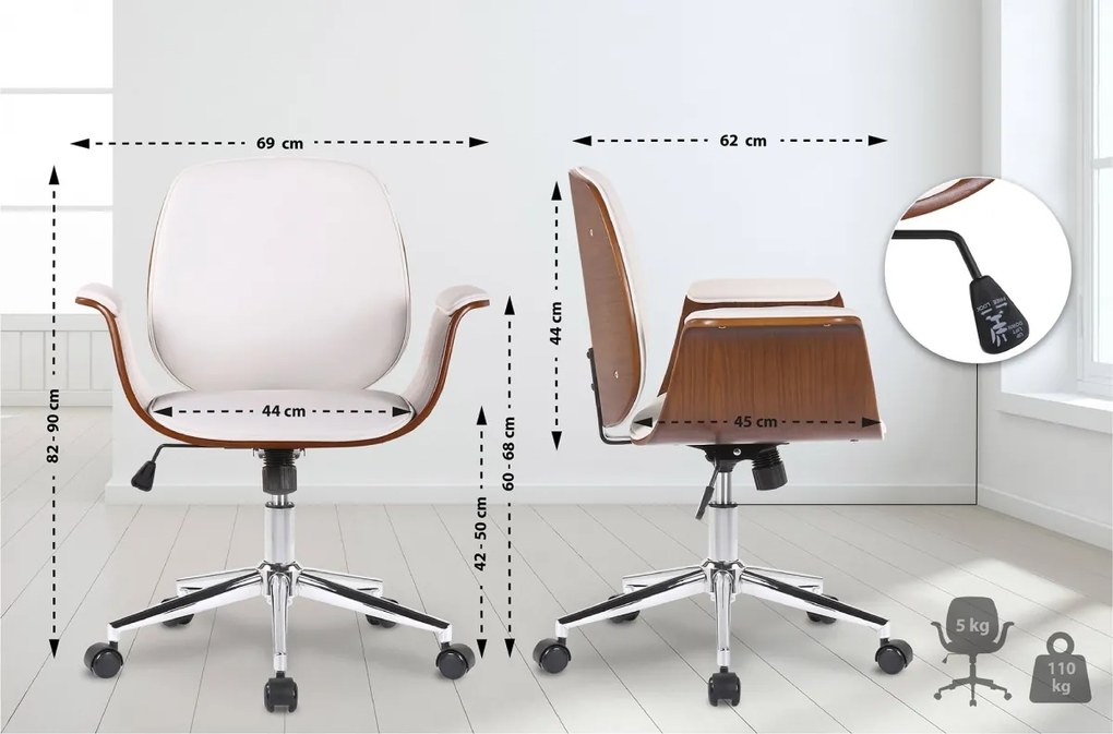 Design-Shop Kancelárska stolička Kemberg - koženka, drevo orech - Biela