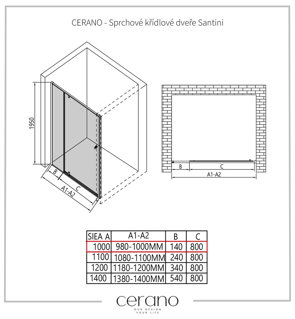 Cerano Santini, krídlové sprchové dvere 100x195 cm, 6mm číre sklo, čierny profil, CER-CER-428689
