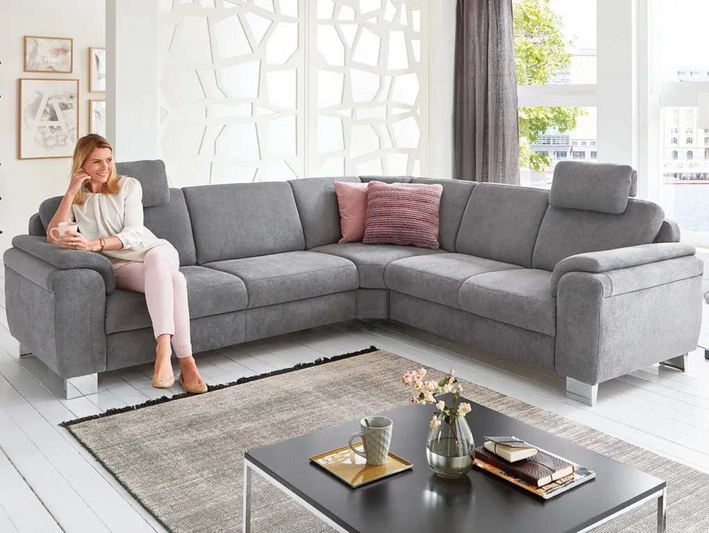 Rohová sedacia súprava s kreslom Omaha, šedá látka, s funkciami