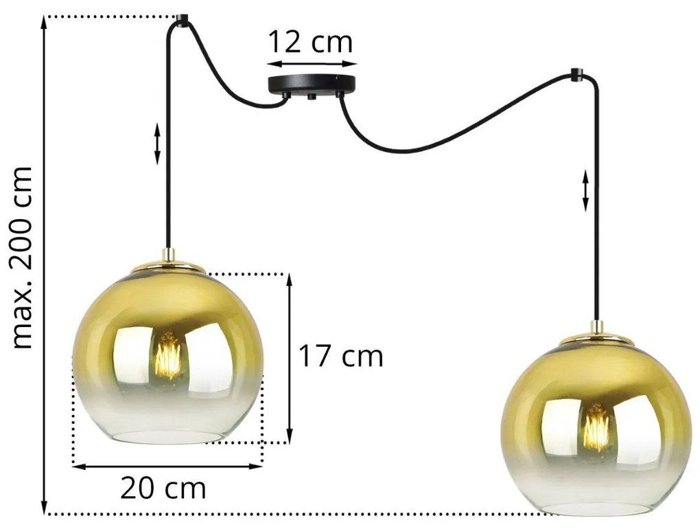 Závesné svietidlo Bergen gold spider, 2x zlaté/transparentné sklenené tienidlo (fi 20cm)