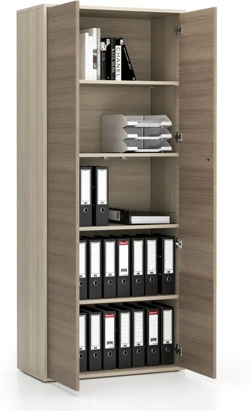 PLAN Kancelárska policová skriňa s dverami LAYERS, 800 x 400 x 1905 mm, dub prírodný / dub morený