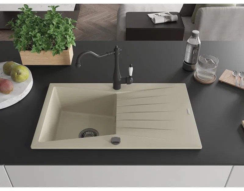Mexen Cesar, 1-komorový granitový drez 775x470x190 mm a drezová batéria Carla, béžová, 6514-69-670700-70