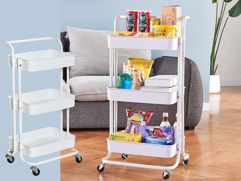 VERK GROUP Vozík s 3 košíkmi, na kolieskach, multifunkčný - biely FERRO