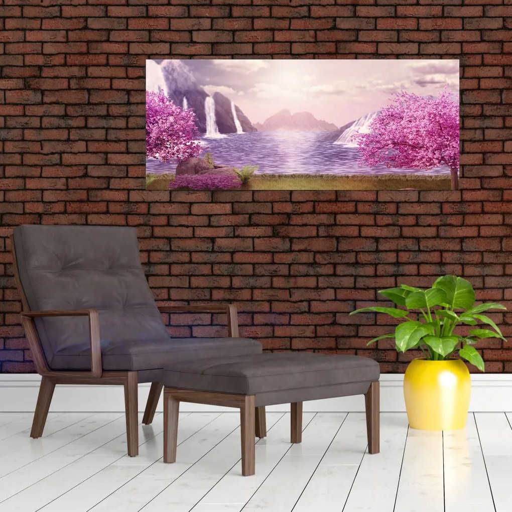 Obraz ružových stromov s jazerom (120x50 cm)