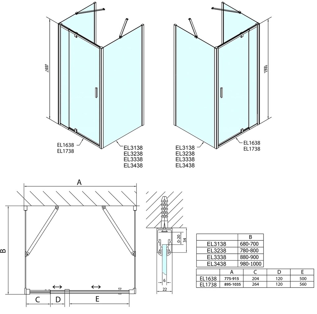 Polysan EASY, 3-stenový sprchový kút 800-900x900mm, pivot dvere L/P varianta, sklo Brick, EL1638EL3338EL3338