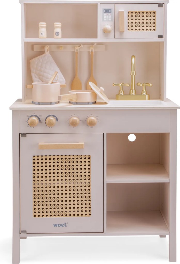 Detská drevená kuchynka – ružová s ratanom