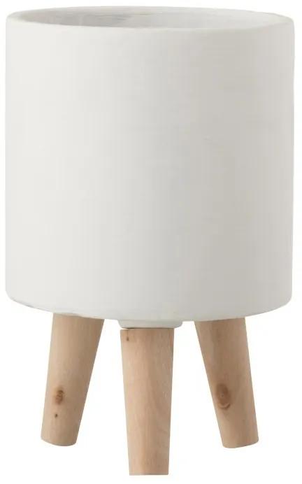 Cementový biely kvetináč na drevených nôžkach - Ø16 * 24,5 cm