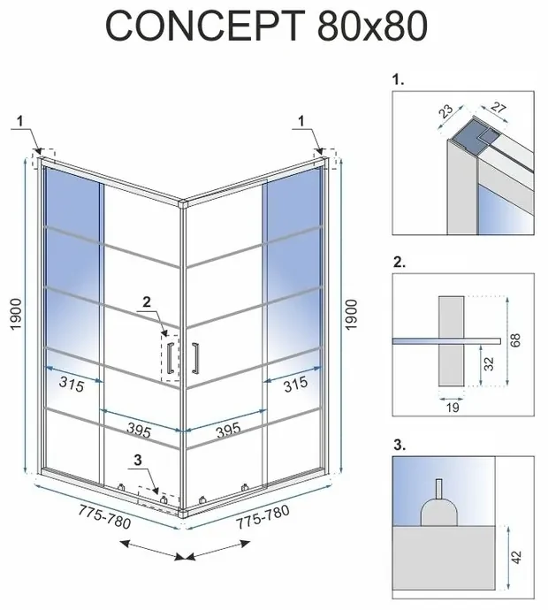 Rea Concept, sprchovací kút 80x80x190 cm, čierny profil + čierna sprchová vanička Savoy, KPL-K1004