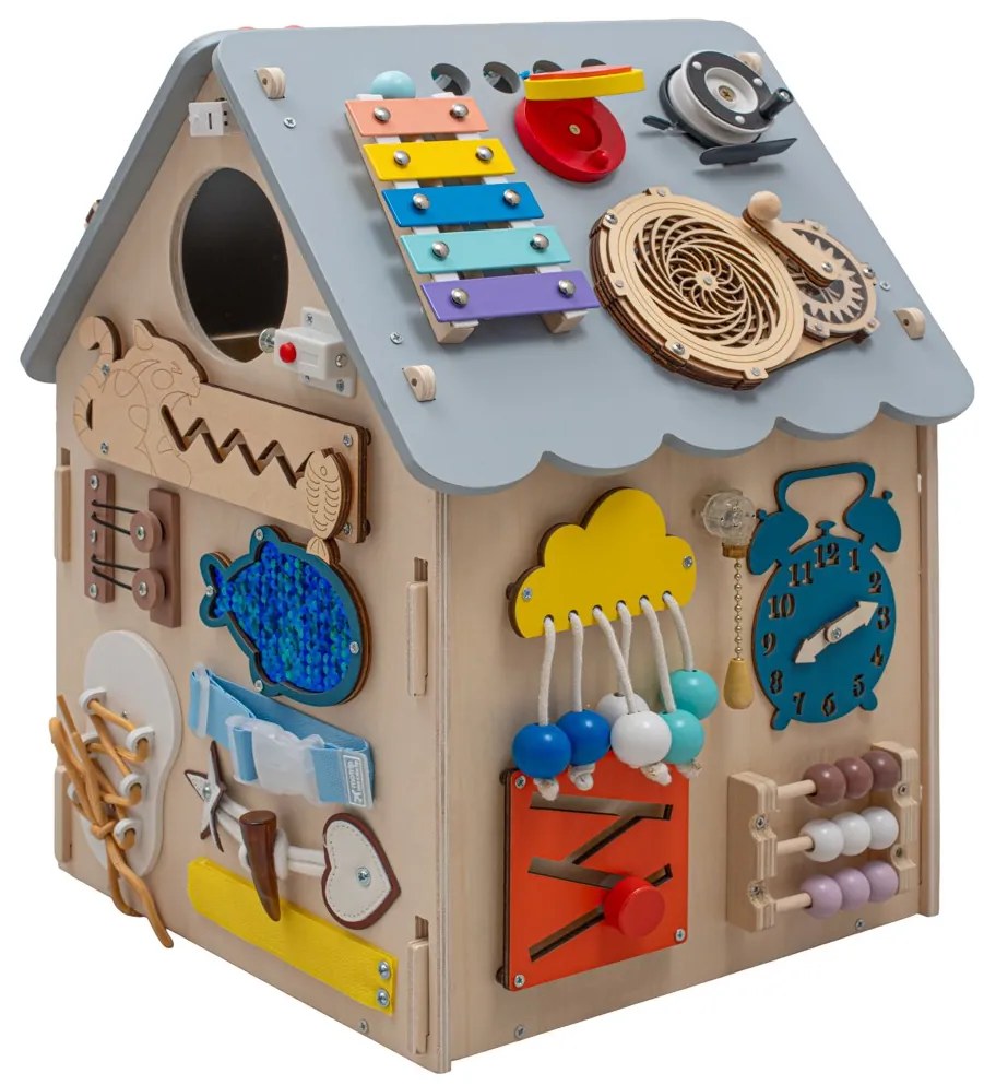 Drevený interaktívny domček Activity Board Baby Mix sivý