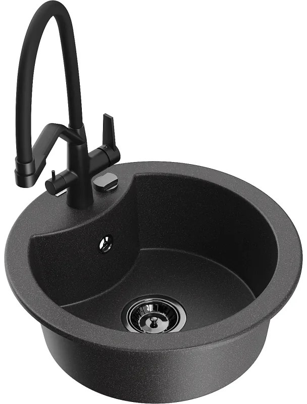 Mexen Diego, 1-komorový granitový drez 488x488x167 mm a drezová batéria Duo, čierna škvrnitá, 6512-76-671701-70-B