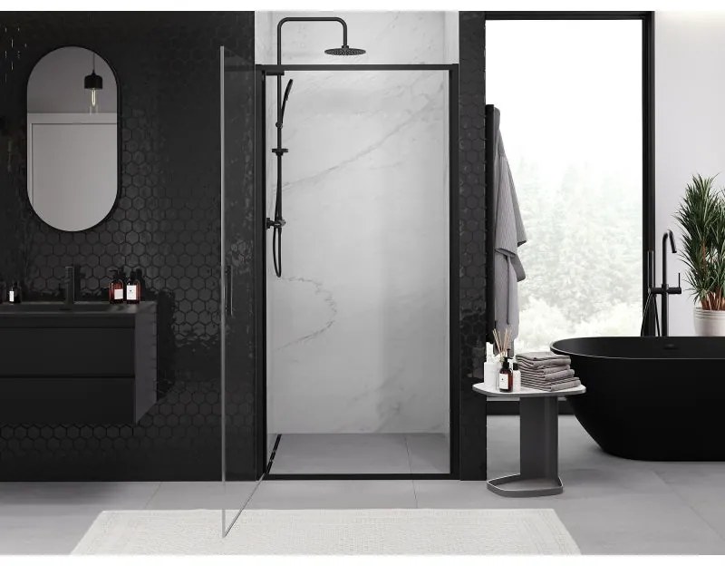 Mexen Exo, 1-krídlové dvere do otvoru 65x200 cm, 6mm číre sklo, čierny profil, 817-065-000-70-00