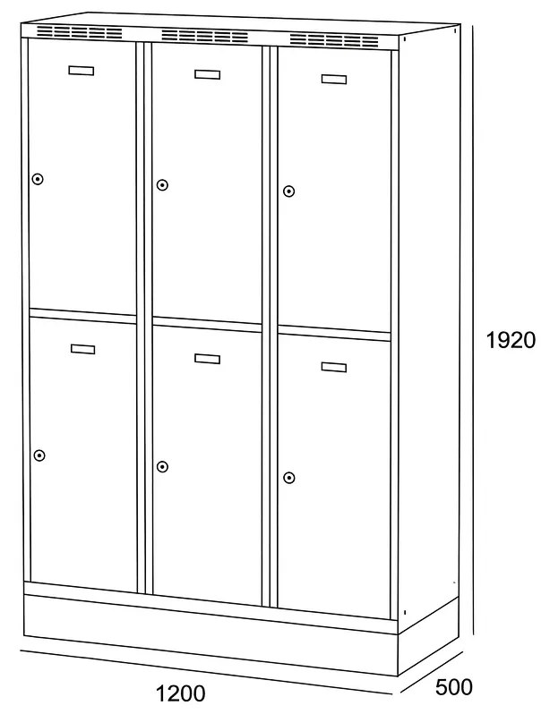 Alfa 3 Šatníková skrinka S6 na sokli s úložnými boxami, 6 boxov, 1920 x 1200 x 500 mm, otočný zámok, modré dvere
