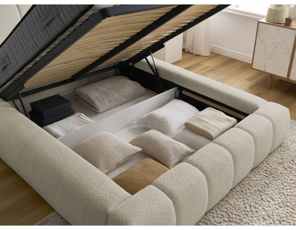Béžová čalúnená dvojlôžková posteľ s úložným priestorom s roštom 140x190 cm Denali – Bobochic Paris