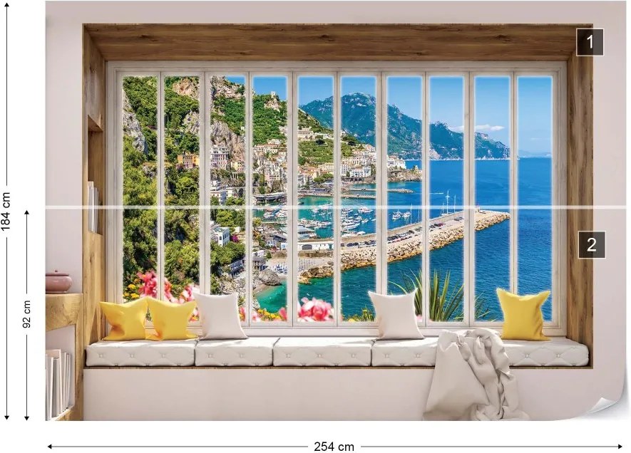 GLIX Fototapeta - 3D Window View Italian Coast Vliesová tapeta  - 254x184 cm