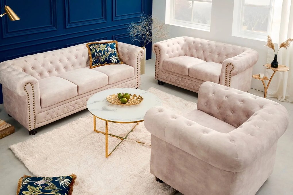 Dizajnová trojsedačka Chesterfield 200 cm šampanský zamat