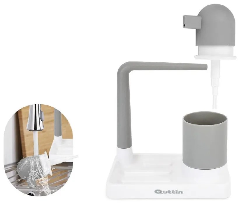QUTTIN Dávkovač na jar s hubkou a stojanom na handričku, bielo-sivý plast