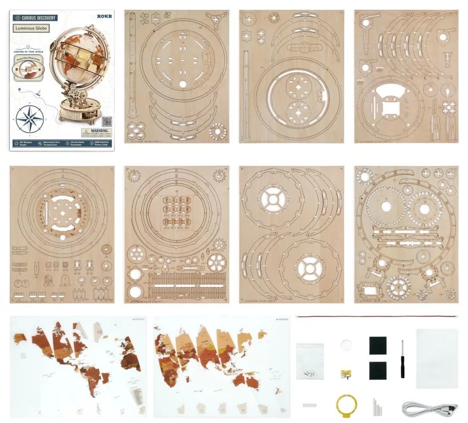 Robotime Rokr Svítící 3D dřevěné puzzle Globus 180 ks