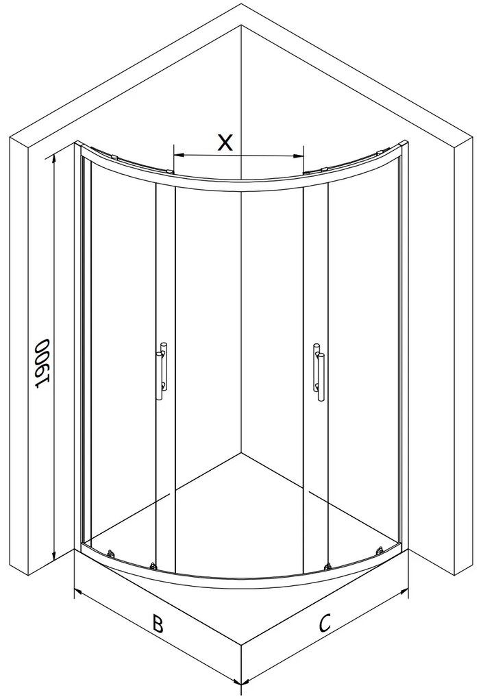 Mexen Rio, štvrťkruhový sprchovací kút s posuvnými dverami 70(dvere) x 70(dvere) x 190 cm, 6mm sklo námraza, chrómový profil, 863-070-070-01-30